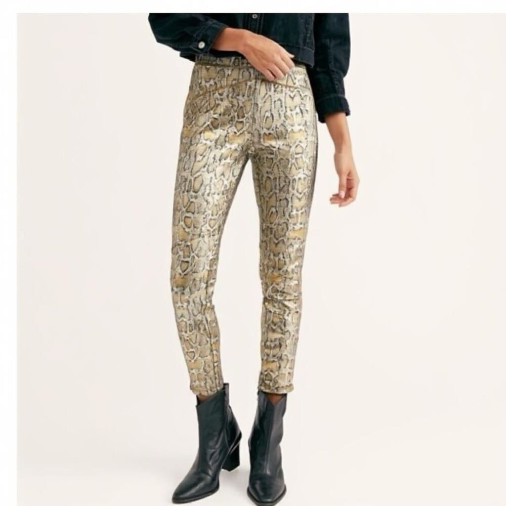 Free People Gold Metallic Python Pull On Leggings High Rise Sz‎ S NWT